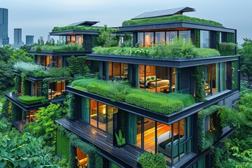 In futuristic condominiums, vertical gardening adorns eco-friendly exteriors, blending urban living with nature.