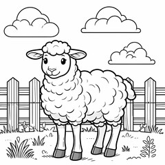 Adorable Sheep in Farmyard - Kids' Coloring Book Page