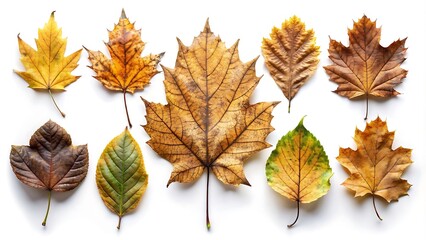 Set of Old Rustic Leaves On White Background,  Antique Leaves 

