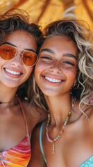 Fototapeta premium Two beautiful young women standing side by side under an umbrella, enjoying a moment together