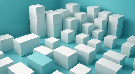 blue and white boxes concept art, abstract art