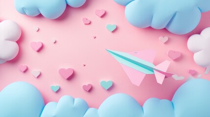 Pink paper airplane flying through pink background surrounded by colorful heart shaped clouds and blue sky frames - Powered by Adobe