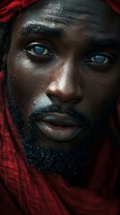 Obraz premium A man with dark skin wearing a bright red scarf wrapped around his head