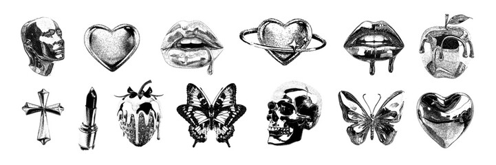 Futuristic photocopy print set, vector dark halftone collage pop art sticker, chrome heart, lips. Retro noise effect y2k tattoo icon, melting kiss modern brutal acid objects. Grunge photocopy print