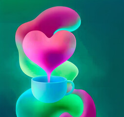Futuristic concept with turquoise blue cup of coffee with pink hearts.