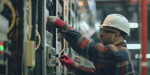 A skilled electrician is engaged in maintenance on an industrial electricity panel, wearing safety gear