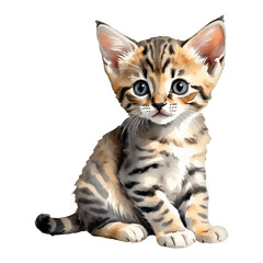 Obraz premium Savannah Cat Kitten Sitting Hand Drawn Watercolor Painting Illustration