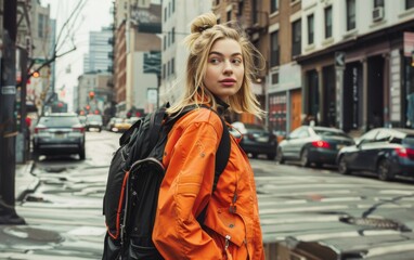 Fototapeta premium A blonde woman in an orange jacket is standing on a city street