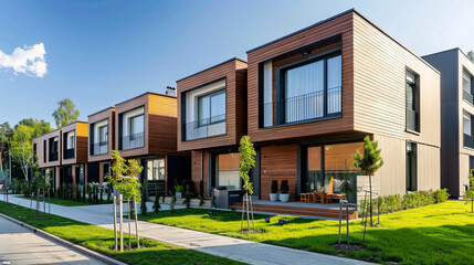 Fototapeta premium Street of modular houses and trees nearby, sales concept