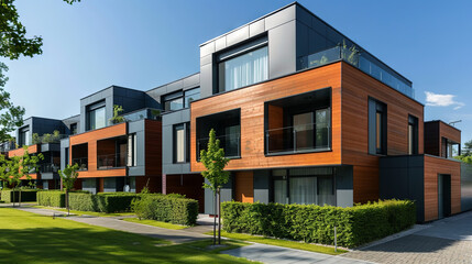 Street of modular houses and trees nearby, sales concept
