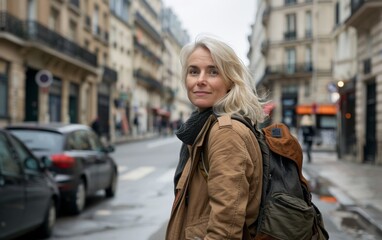 A blonde woman with a backpack is walking down a street in Paris
