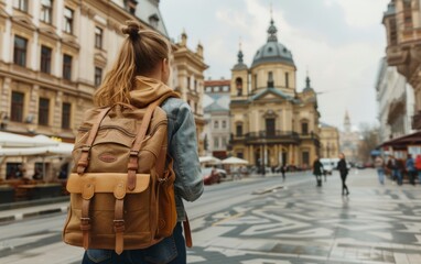 Fototapeta premium A blonde woman is walking down a street with a backpack