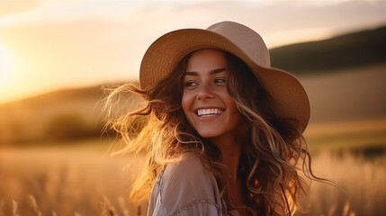 Portrait of calm happy smiling free woman with closed eyes