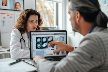 A dermatologist discussing the condition of moles with a patient using a laptop to show medical images for better understanding