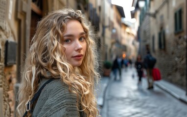 Fototapeta premium A woman with long blonde hair is standing in an urban alleyway
