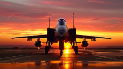 Fighter jet parked on runway during sunset.