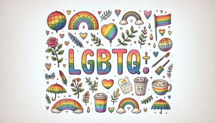 Doodle style LGBTQ+ themed art with colorful elements - This playful illustration showcases a doodle style with LGBTQ+ symbols like rainbows and pride flags amidst whimsical elements