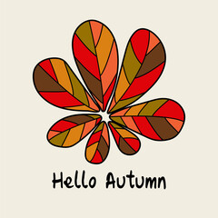 Minimalistic autumn postcard with leaves, abstract shapes in a flat style. Poster template, greeting card of autumn mood.