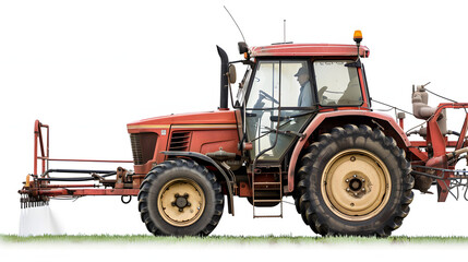 Pflanzenschutz im ackerbau - roter traktor mit feldspritze im jungen getreidebestand, luftaufnahme isolated on white background, studio photography, png
