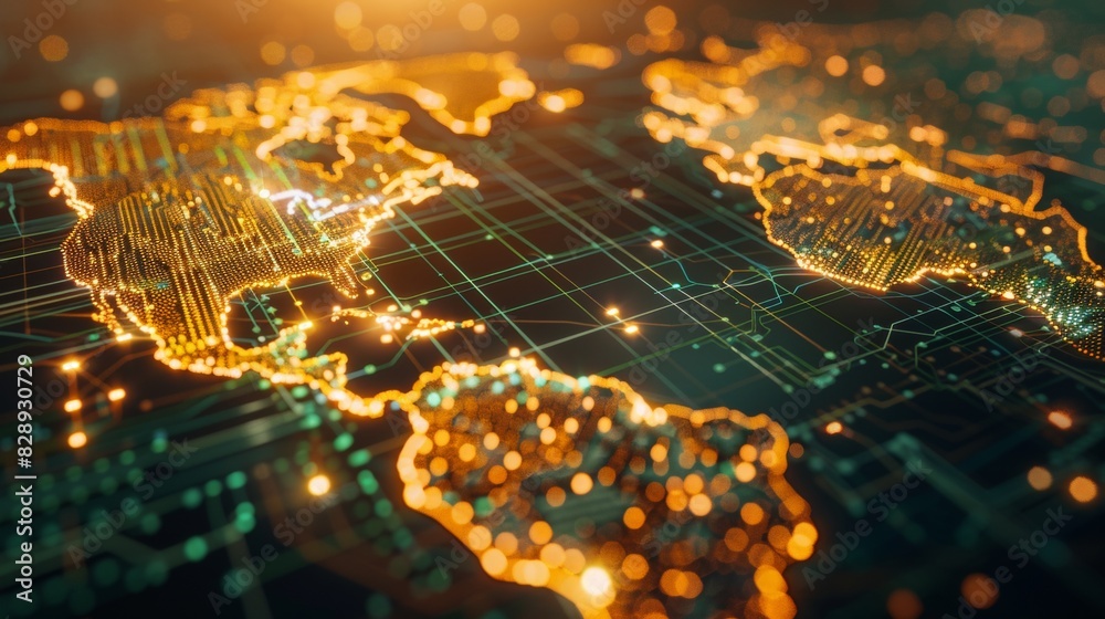 Poster a pixelated world map with chunky continents, glowing nodes representing major data hubs, pulsating 