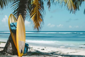 A surfboard propped against a palm tree, fins peeking out from a beach bag, ready for adventure
