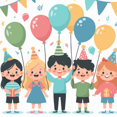 illustration of children with colorful balloons. kids at birthday party