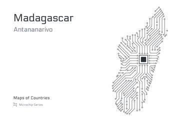 Madagascar Map with a capital of Antananarivo Shown in a Microchip Pattern with processor. E-government. World Countries vector maps. Microchip Series