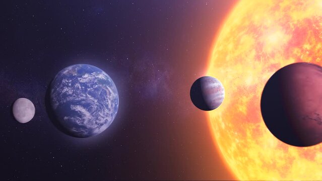 Flying close to Solar System with eight planets and large sun 
3d rendering of our solar system and asteroid fields, 4K, 2024

