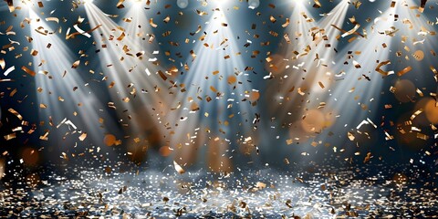 Golden confetti shower at football stadium under spotlights on indigo background. Concept Celebratory Moments, Football Stadium, Golden Confetti, Spotlights, Indigo Background