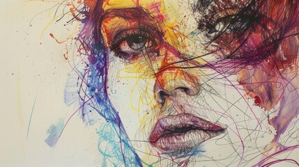 Portrait of relaxing young beautiful woman drawing and painting with watercolor and ink. Abstract modern art of female or girl face blending and drafting with color pencil. Famine and beauty