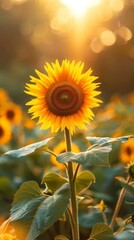 Obraz premium A bright yellow sunflower stands tall in a field filled with sunflowers under the sunny sky