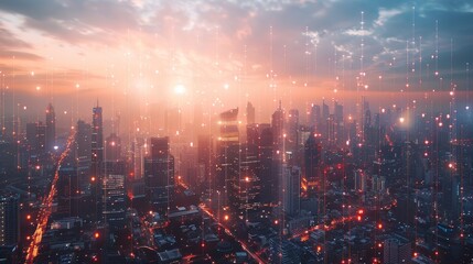 Fototapeta premium Cityscape with graphic of network concept