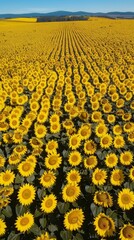 Aerial view of a sunflower field with a flock of birds taking flight, creating a dynamic contrast against the yellow blooms