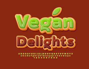Fototapeta premium Vector tasty banner Vegan Delights. Sweet Donut Font. Green glazed Alphabet Letters and Numbers set.