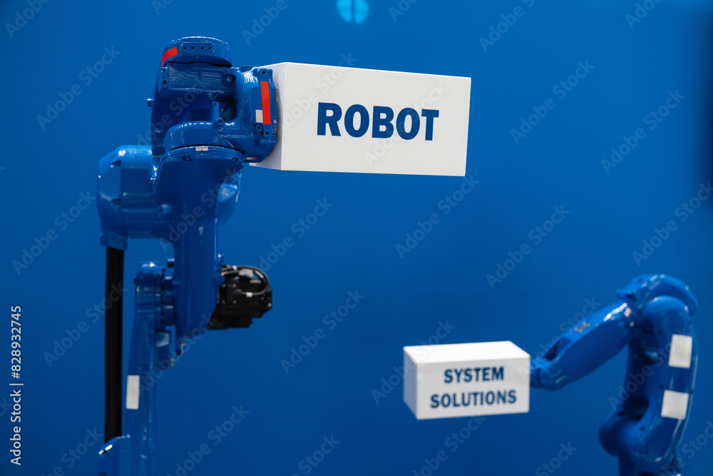 Poster robot arms on a blue background. smart industry concept..