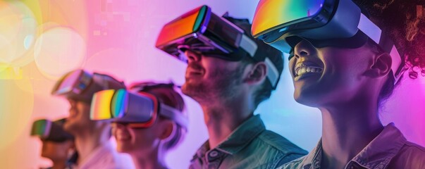 Diverse group of people engaging in a virtual reality pride event