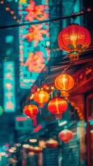 Close-up of a vibrant Chinatown storefront at night, neon signs glowing, lanterns swaying