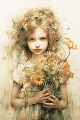 watercolor of girl with wildflowers, green and yellow contemporary art, intense, stylized, detailed