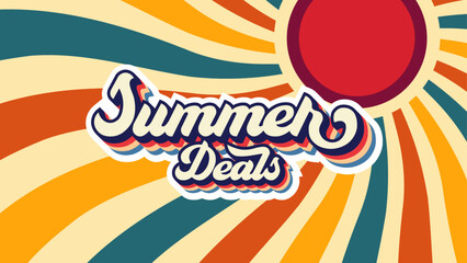 retro summer deals sticker portrait banner ad. ready to use for summer sales. red and orange and blue sun rays.