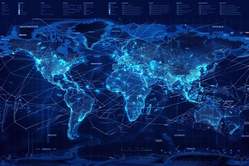 Global network map in blueprint style, major data centers marked, fiber-optic routes traced with dashed lines, ocean cables highlighted