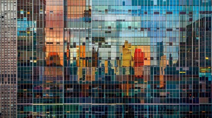 Panoramic view of a modern skyscraper facade, emphasizing geometric patterns, reflections, and sleek lines