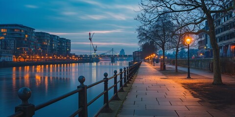 A serene twilight scene of a river with a lit cityscape and bridge in the background, under a dusky sky