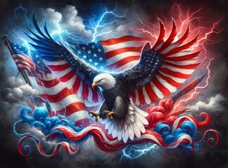 Watercolor Painting of Majestic American Eagle with Flag, Lightning, and Patriotic Smoke