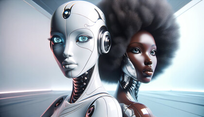 Two futuristic female robots, one with a sleek white design and blue eyes, the other with a darker metallic finish and natural hair texture, showcasing advanced robotics and diverse aesthetics.