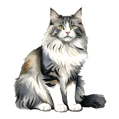 Norwegian Forest Cat Hand Drawn Watercolor Painting Illustration