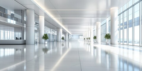 Fototapeta premium A broad image of an empty, modern airport terminal with sleek design, bright lighting, and a futuristic appearance