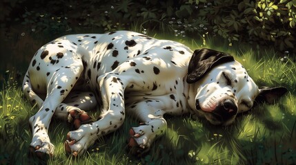 Dalmatian sleeping peacefully on the grass in summer. Generative ai
