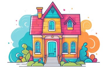 house on white background of forest. Summer, nature. ecology, suburban real estate, summer, meadow, flowerbed. Illustration