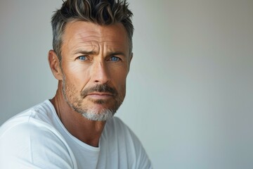 Obraz premium middle-aged man with a thoughtful expression, wearing a white t-shirt, light grey background