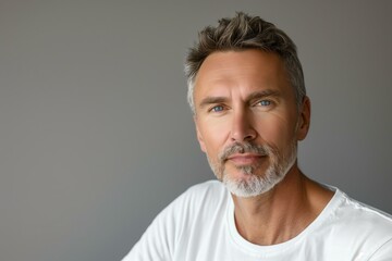 Fototapeta premium middle-aged man with a thoughtful expression, wearing a white t-shirt, light grey background